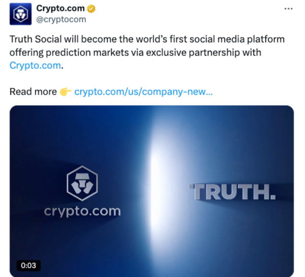 Соцсеть Трампа Truth Social выходит на рынок прогнозов при участии Crypto.com