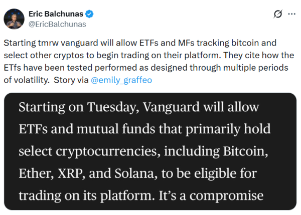 Vanguard откроет доступ к крипто-ETF для 50 млн клиентов с активами в $11 трлн